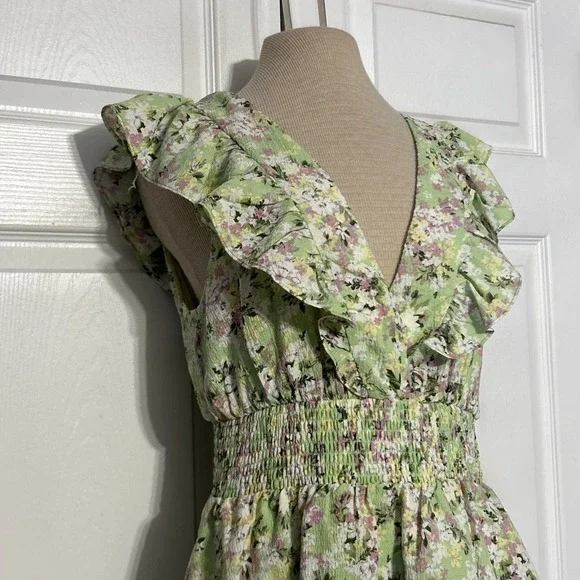 Floral Mini Dress M Cottagecore Boho Fairycore Ruffles V-neck Smocked BCBG NWT - Picture 4 of 7